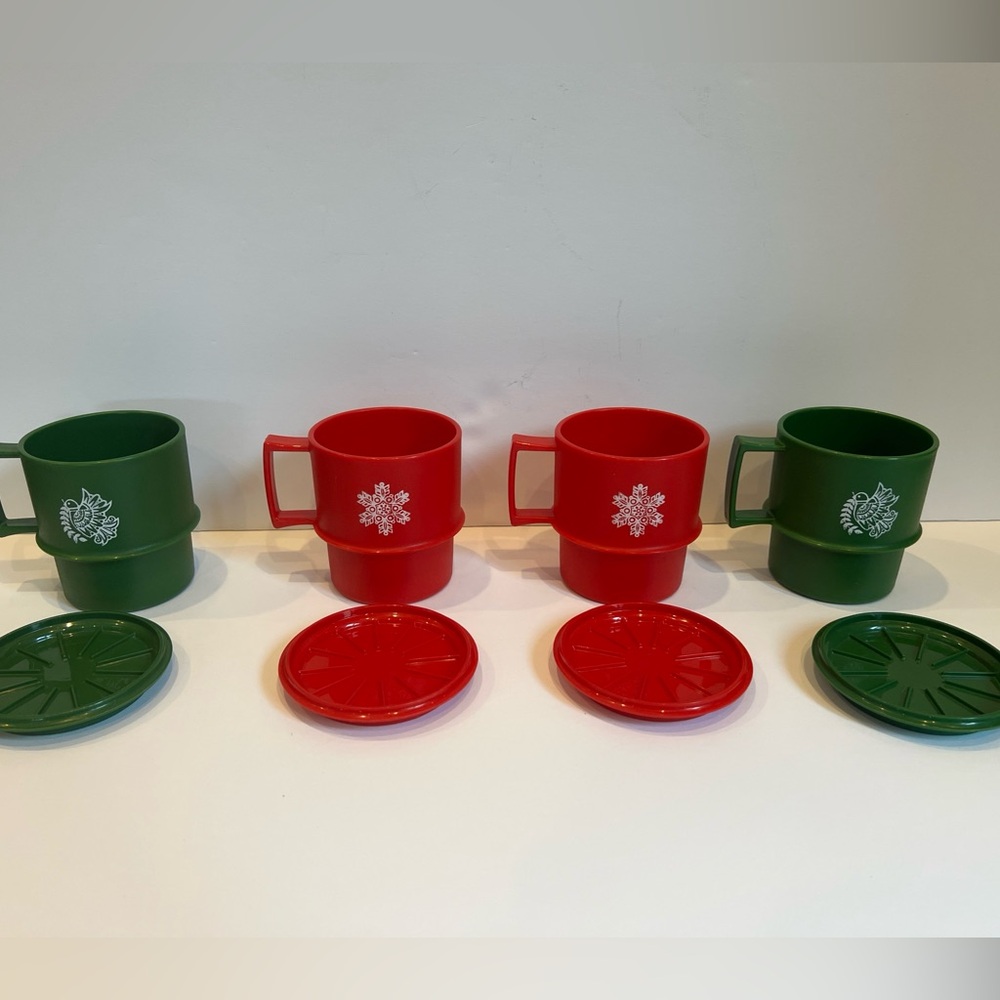 Tupperware Multi Mugs Set Christmas Red And Green Stackable Cups Vintage Retro